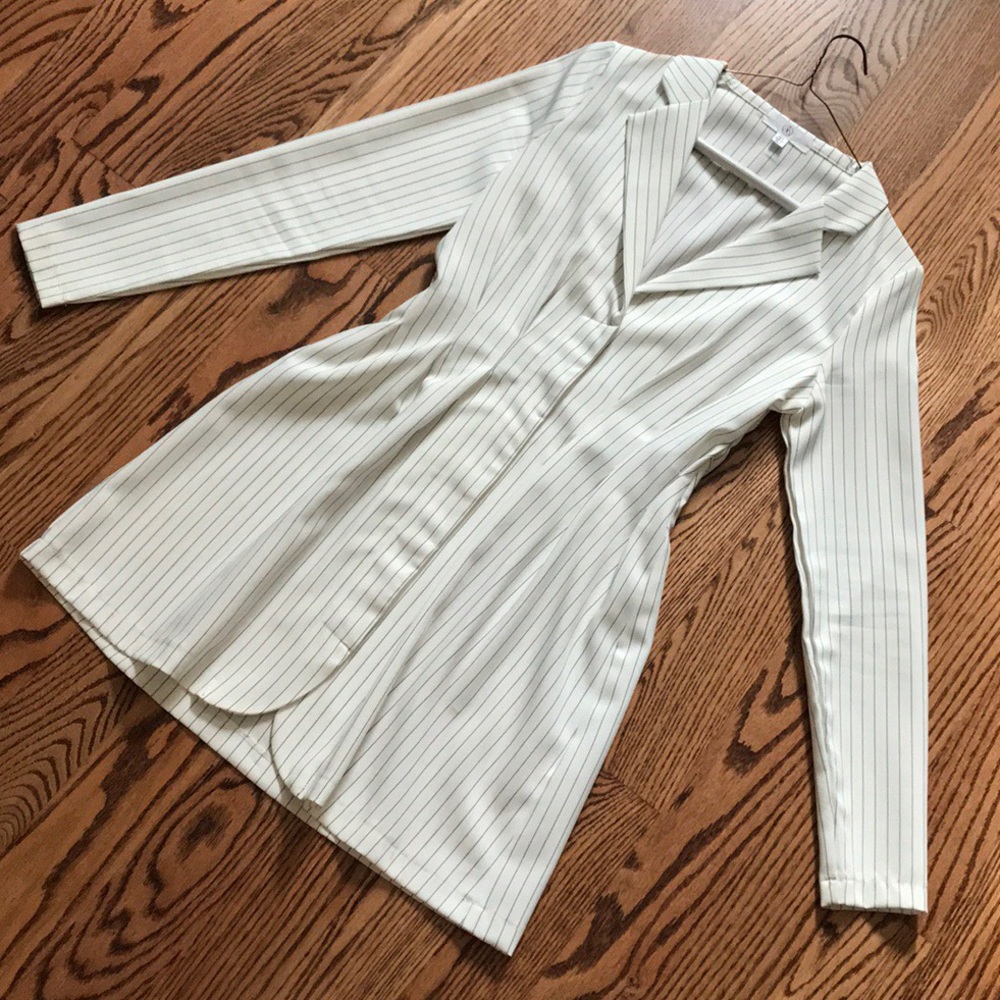 Misguided white blazer dress with black stripes.
